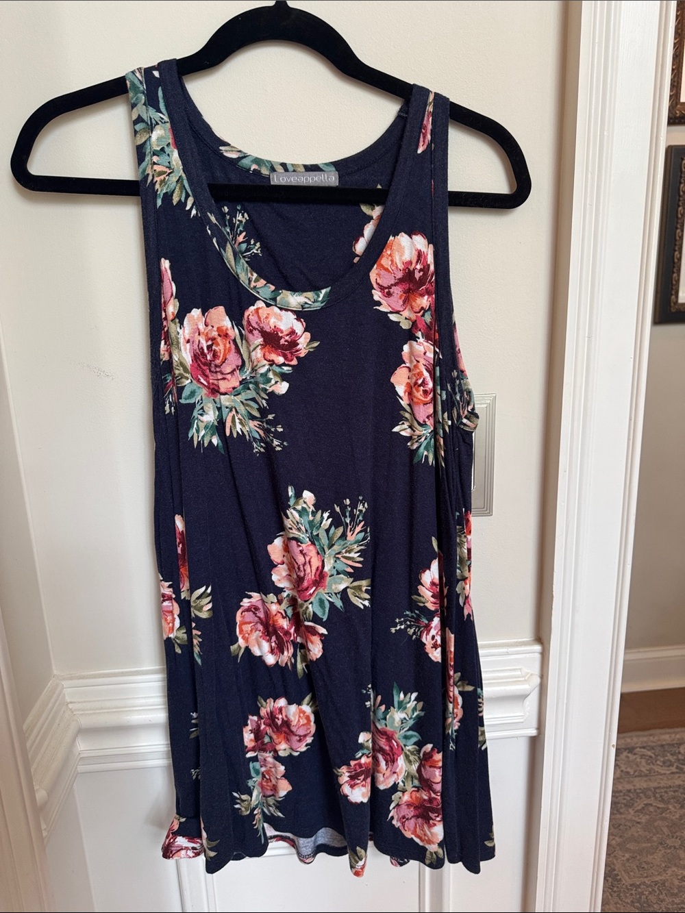 Loveappella Navy Floral Tank Top with Pink Roses